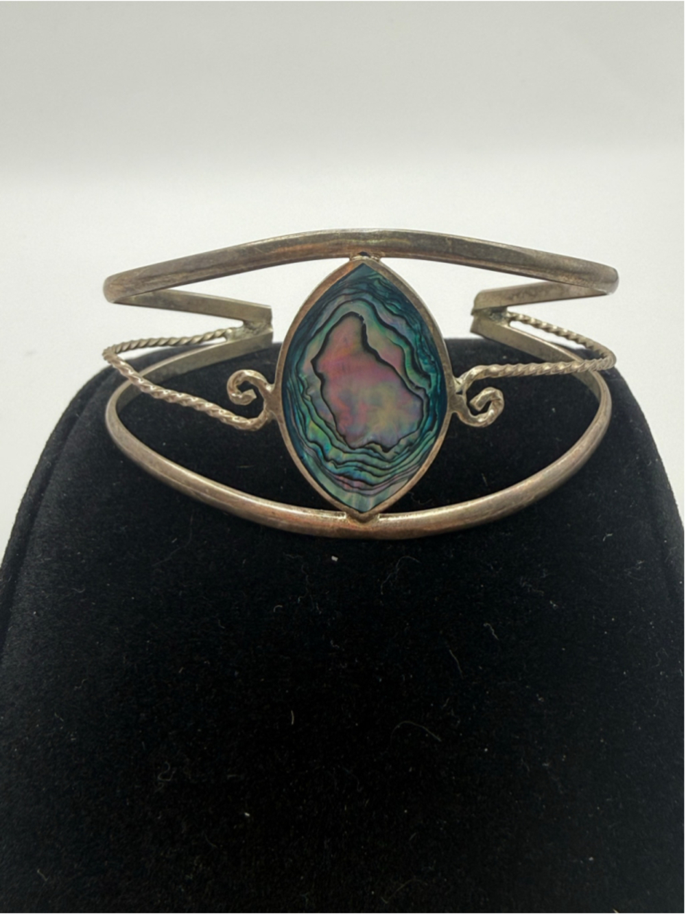 Vintage Mexico 925 Sterling Silver Abalone Shell Cuff Bracelet Taxco Style